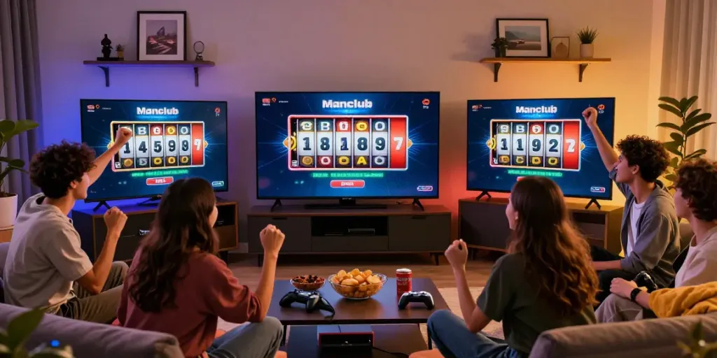 Friends enjoying a live gaming experience with Manclub on a large screen in a cozy living room.