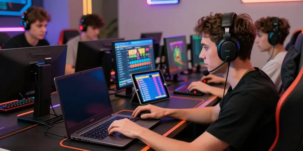 Players enjoying bro138 link online slot games in a modern, lively setting.
