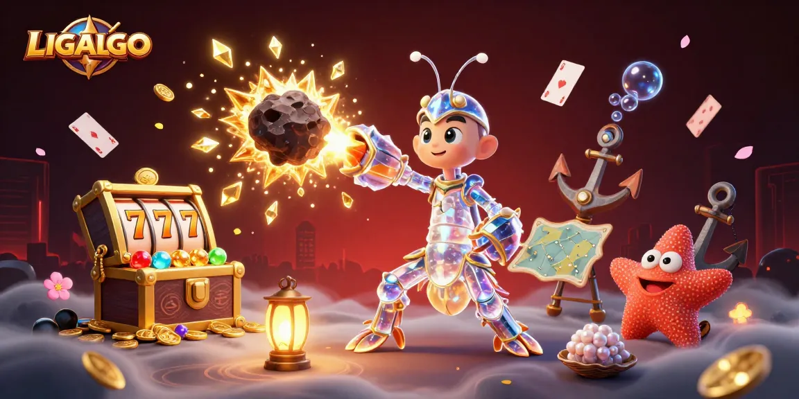 LIGALGO highlights a vibrant casino scene with a galactic samurai engaging with a jackpot explosion of gems and gold.