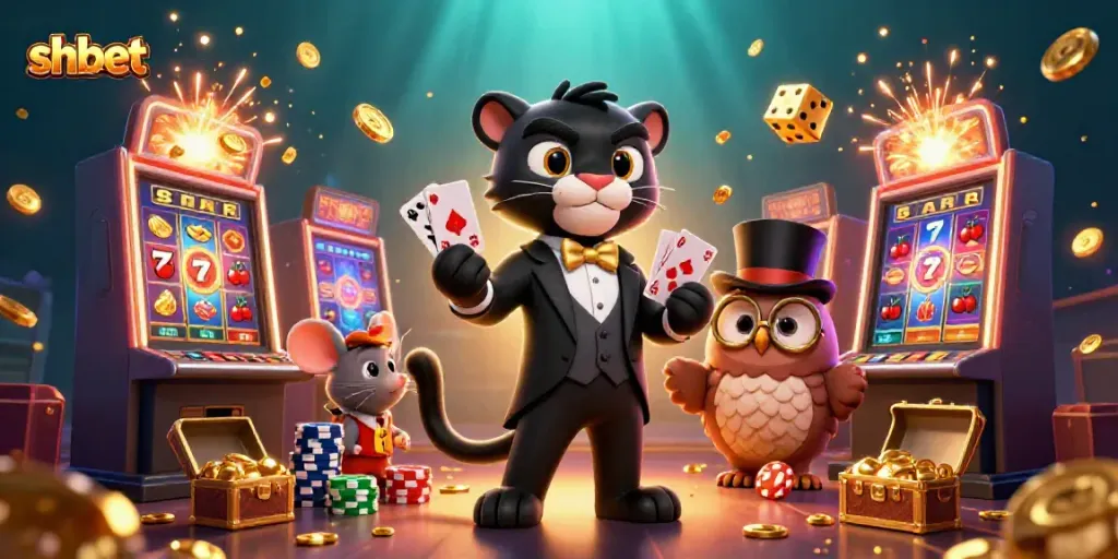 Experience the thrill of shbet with a vibrant casino scene hosted by playful characters.