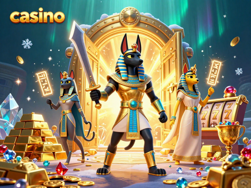 Experience the excitement of top-tier casino action with vibrant 3D Anubis and Bastet illustration.