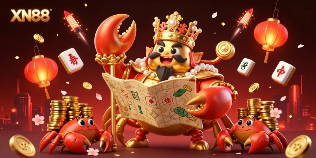 Experience winning joy at XN88 with vibrant crab emperors amidst a treasure-filled casino scene.