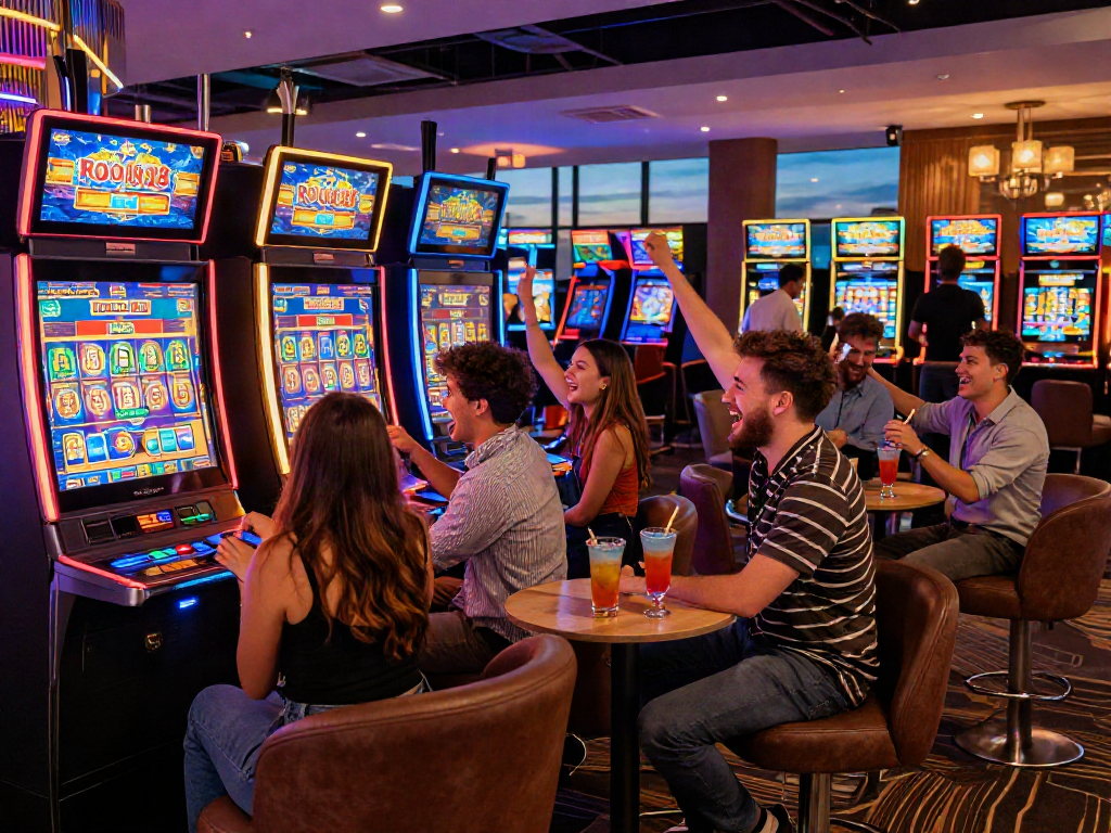 Players enjoying rokok88 slot at a vibrant casino gaming lounge
