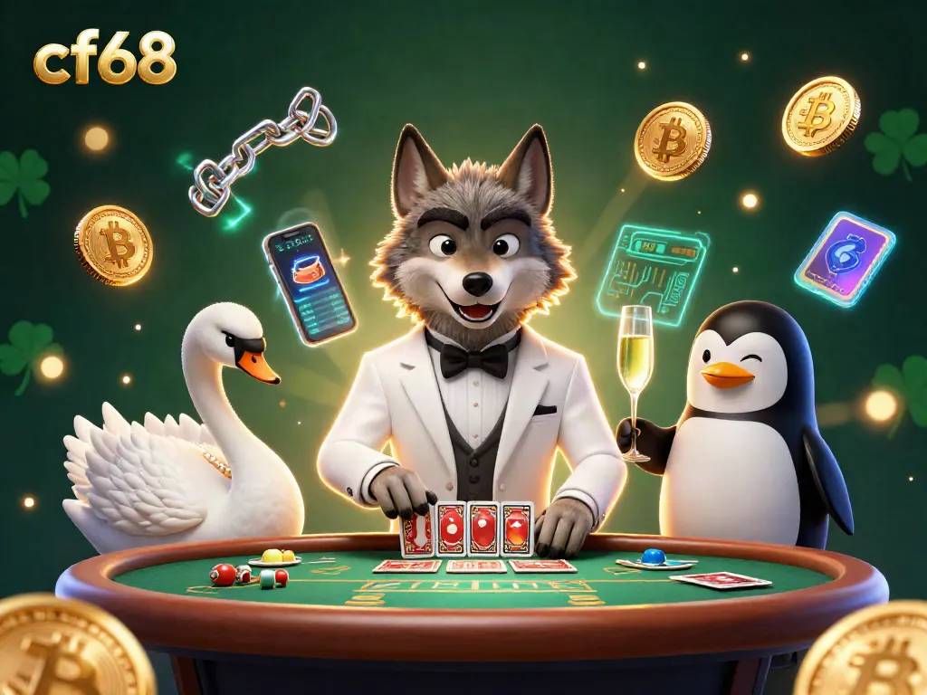 Engage with cf68 while enjoying a vibrant 3D casino scene featuring a wolf, swan, and penguin.