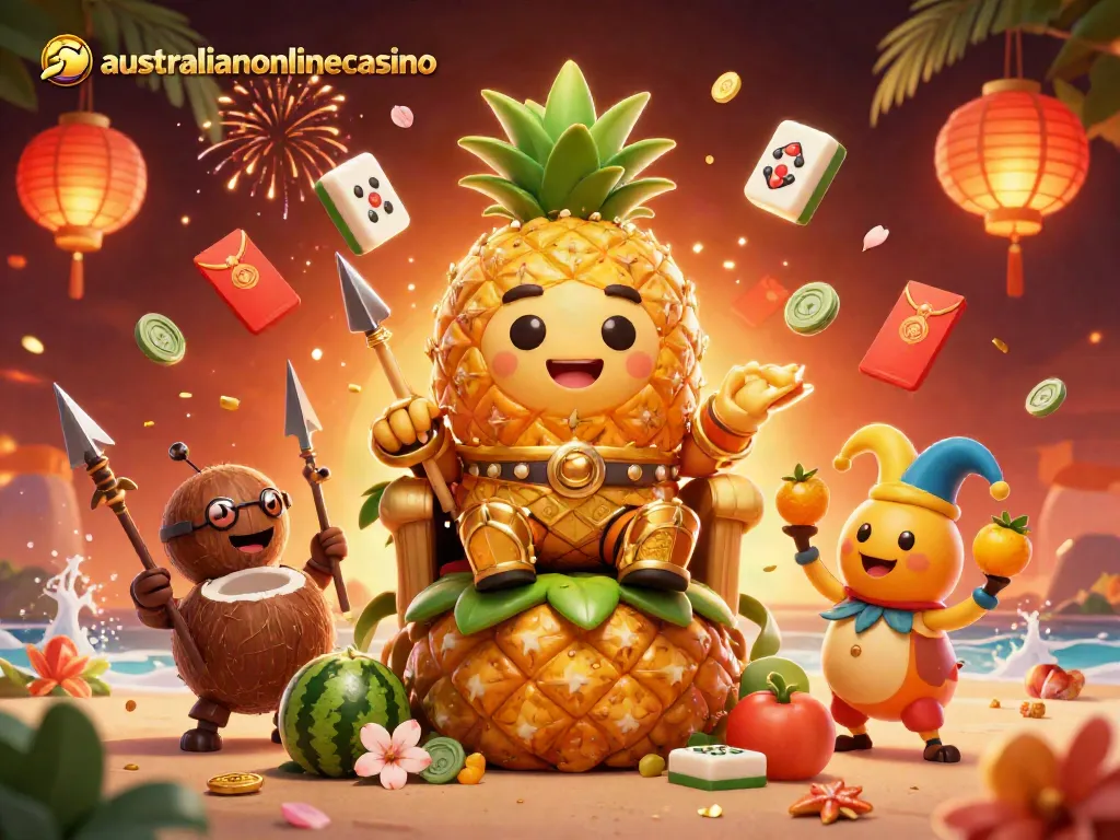 Experience the excitement at australianonlinecasino with golden pineapple king amidst vibrant casino elements.