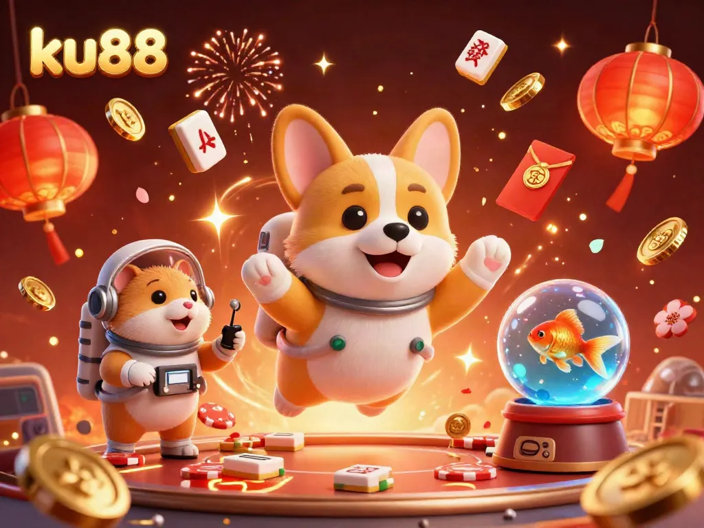Experience the excitement of ku88 with a corgi floating in a space station casino surrounded by bright gaming elements.