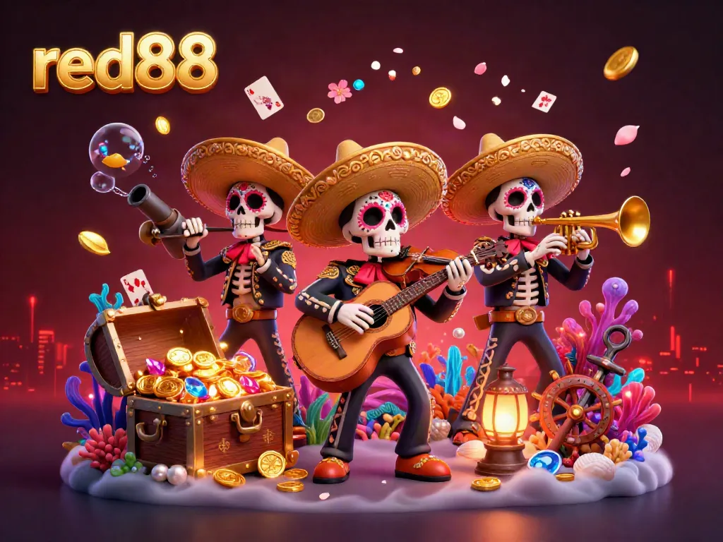 Experience the vibrant graphics of red88 with a mariachi band playing amidst casino elements and treasures.