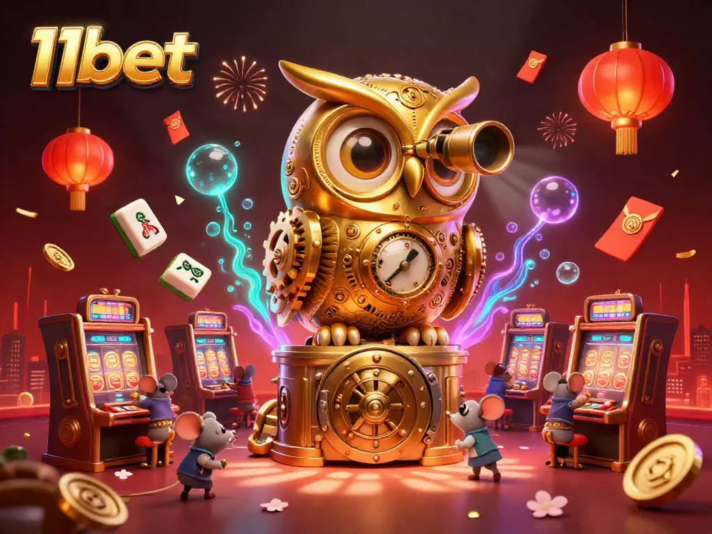 Engage with the exciting world of 11bet, where a golden clockwork owl oversees a lively casino filled with vibrant action and rewards.