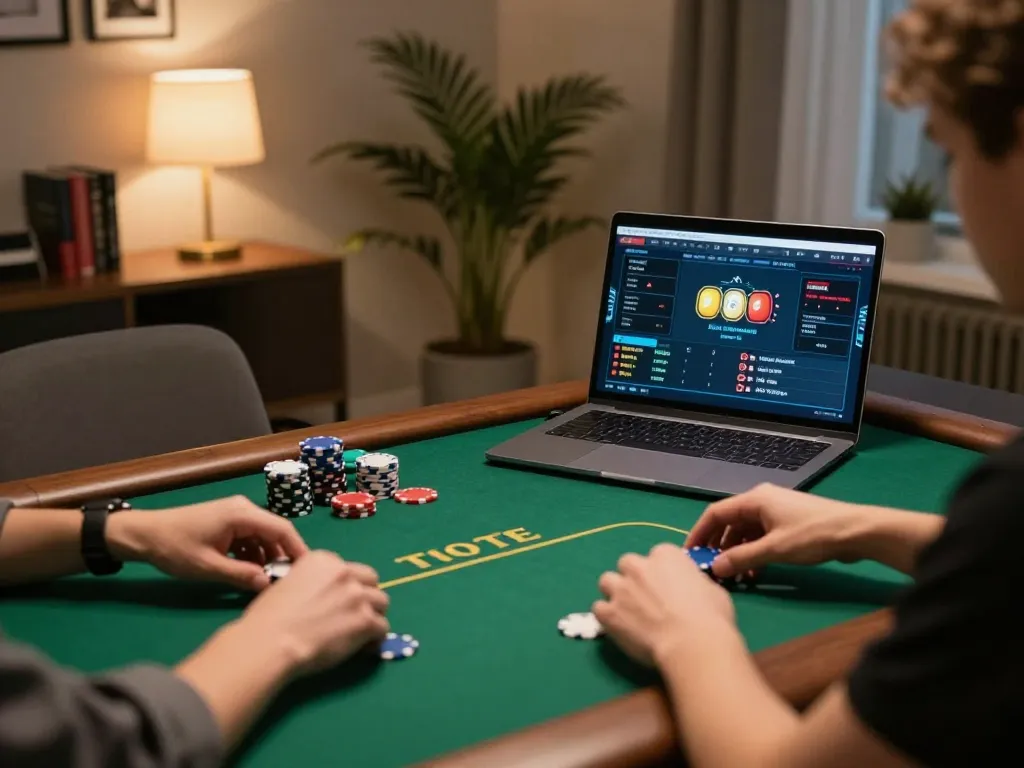 The brand 79king highlights exciting online poker gameplay with an engaged player at a cozy home setup.