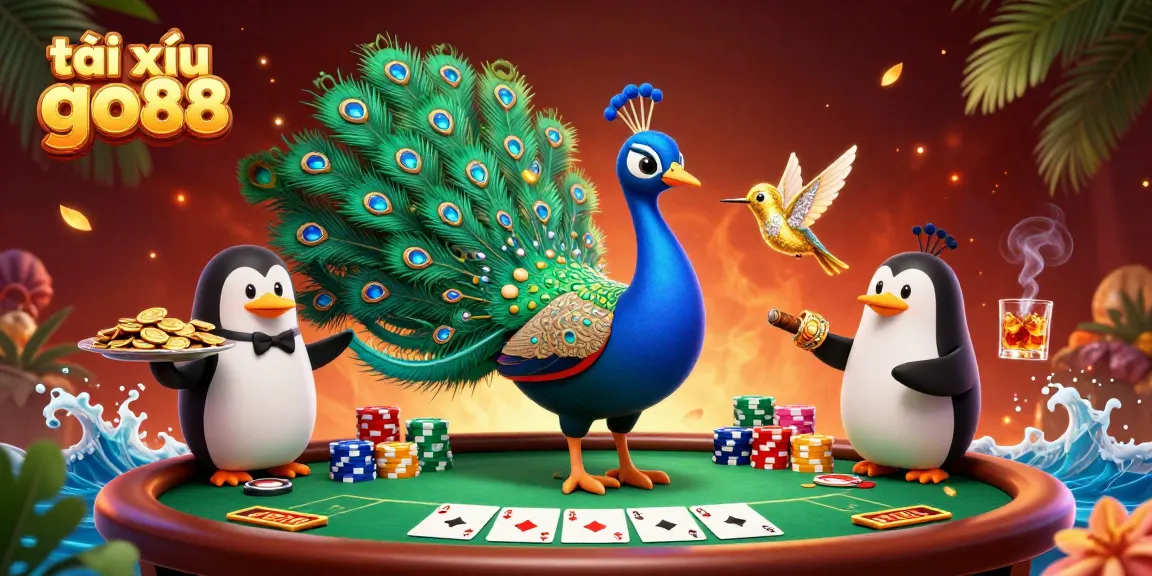 Tài xỉu go88 showcases a vibrant scene with peacock, penguin, and hummingbird amidst poker action.
