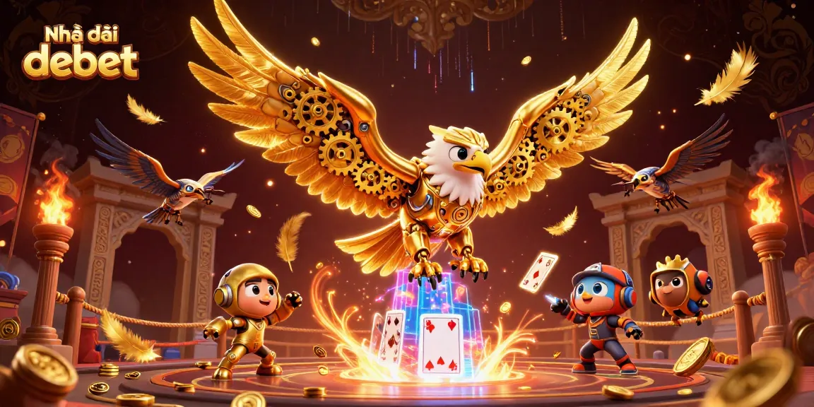 Engaging illustration showcasing Nhà cái debet with a dynamic golden eagle and holographic cards.