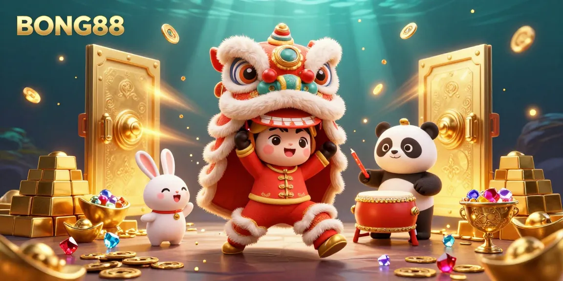 BONG88 captures thrilling casino fun as characters enjoy vibrant celebrations and treasure amidst dynamic gaming elements.
