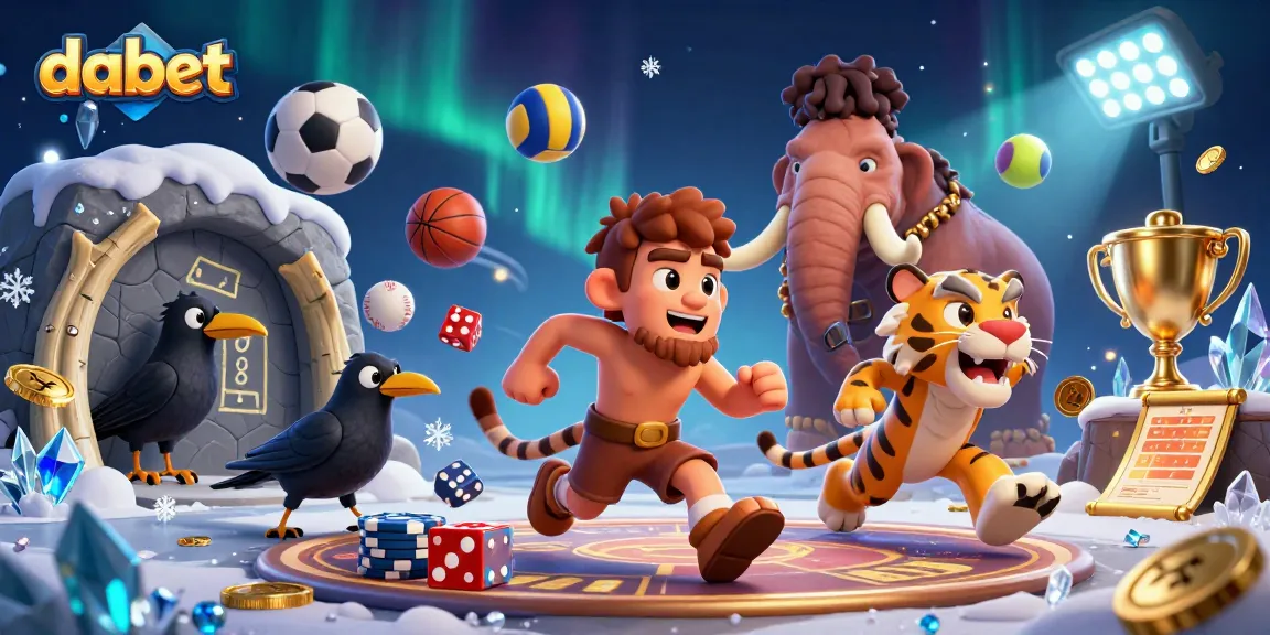 dabet enhances excitement with a lively prehistoric casino scene featuring dynamic sports elements and vibrant characters.