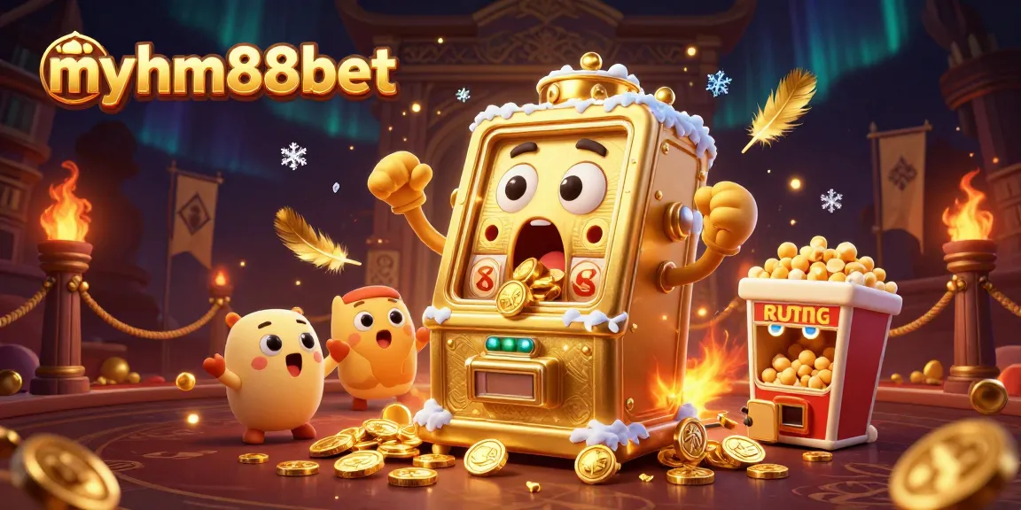 Experience the excitement of myhm88bet with a vibrant scene of a golden slot machine hitting a jackpot.