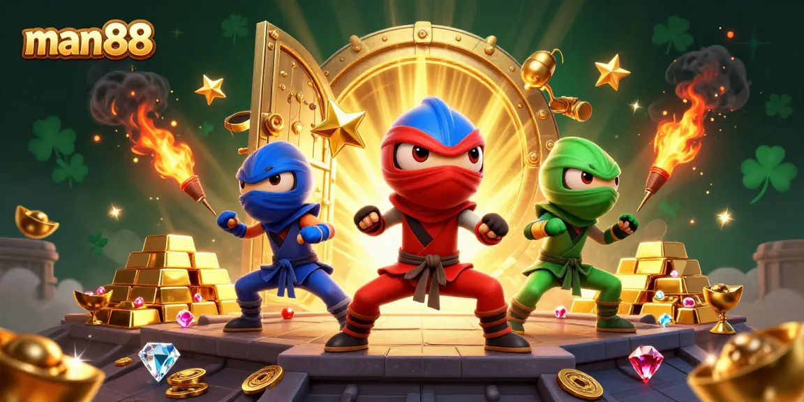 Engage with man88's thrilling gaming scene featuring ninja chameleons and treasure vaults.