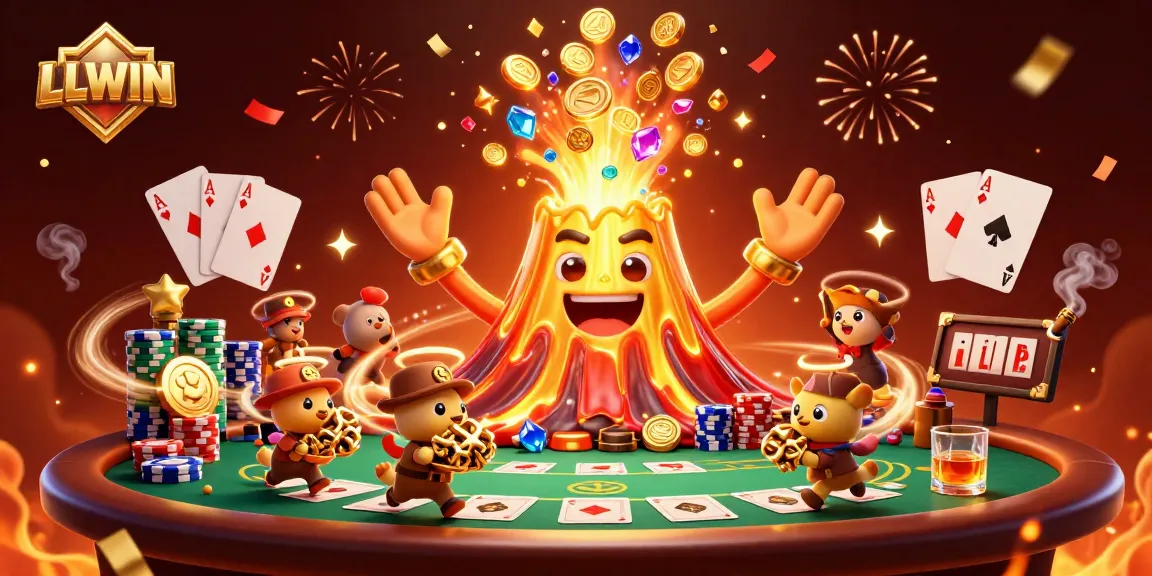 Experience the thrill of LLWIN with a golden volcano erupting treasures at a vibrant casino scene.
