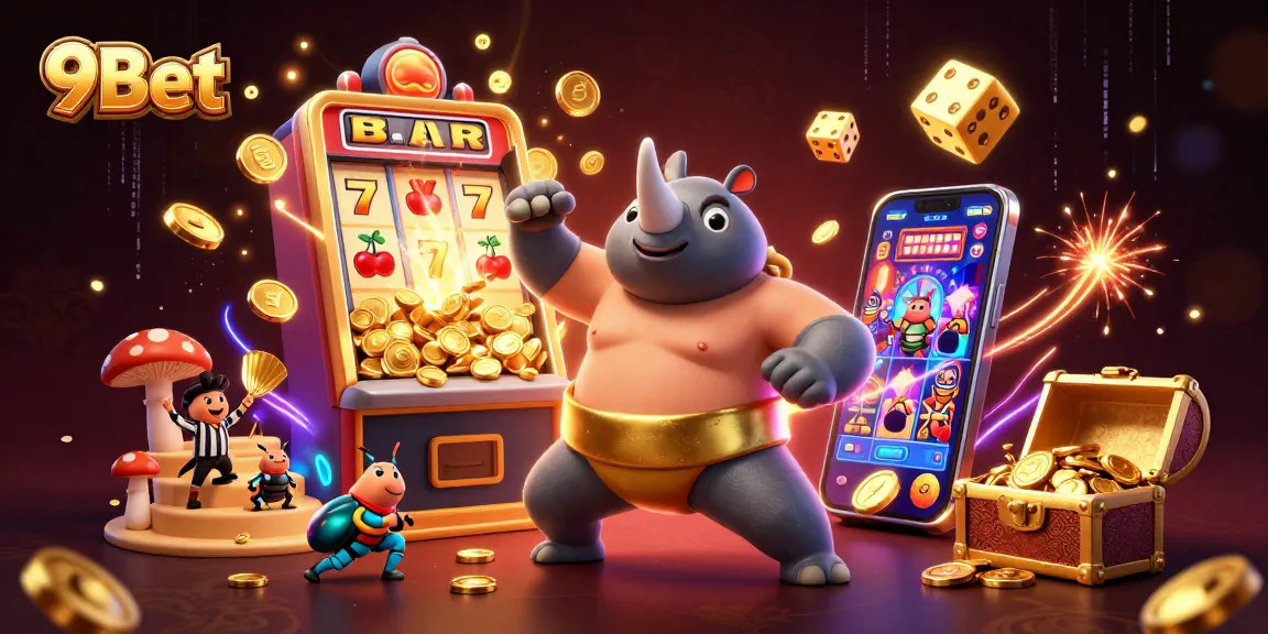 Experience exciting wins at 9Bet with a lively casino scene featuring dynamic characters and gaming elements.