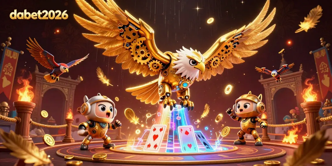 dabet2026 showcases action-packed casino adventure with a golden eagle amidst vibrant game elements.