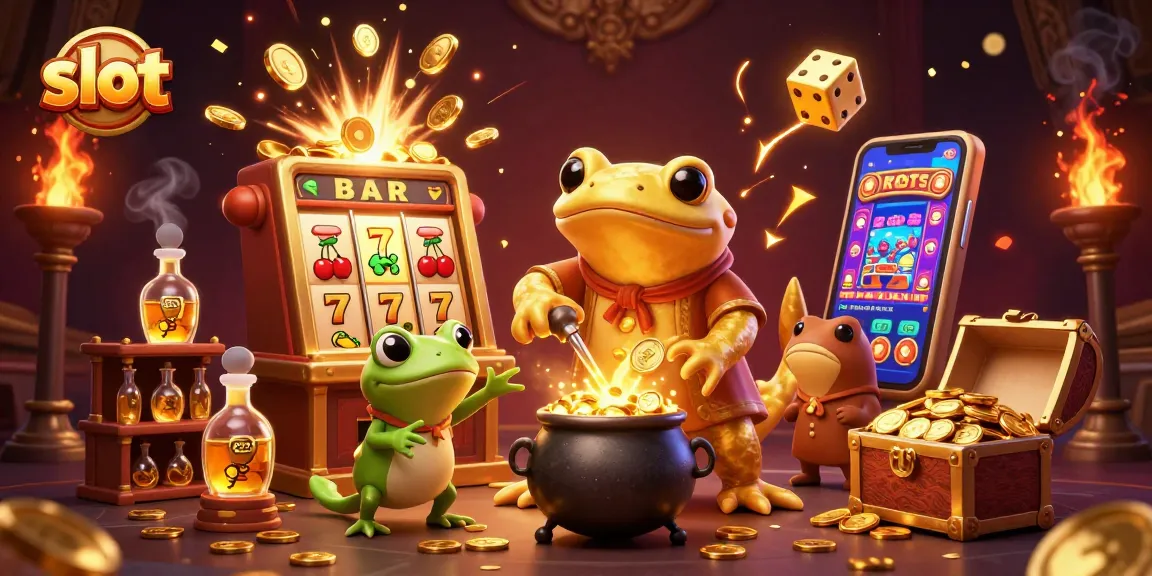 Spin the slot reels and win big with a colorful explosion of casino elements and gold treasures.
