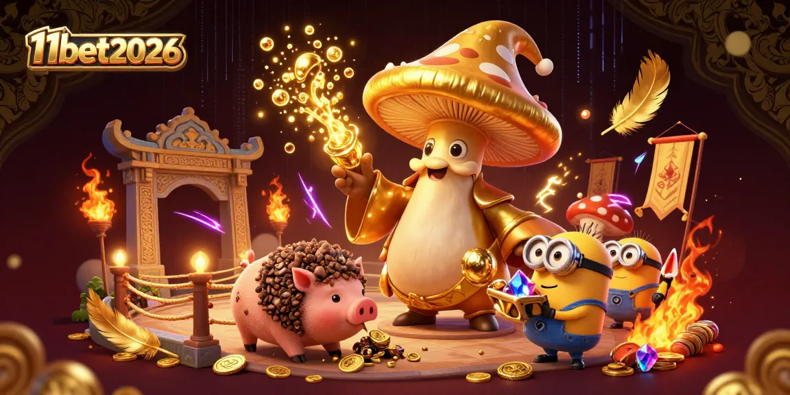 Engage with an exciting 11bet2026 scene featuring a golden mushroom wizard and treasure elements.