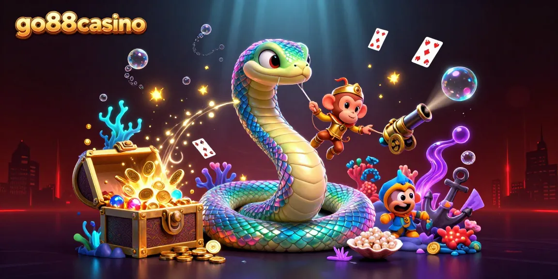 Engage with go88casino's vibrant gaming realm featuring a rainbow serpent and a playful monkey king.