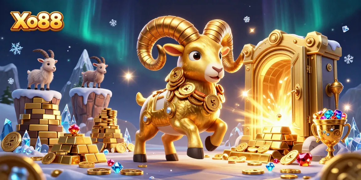 Xo88 showcases a vibrant 3D cartoon scene with a massive golden ram charging through golden gates, surrounded by treasures.