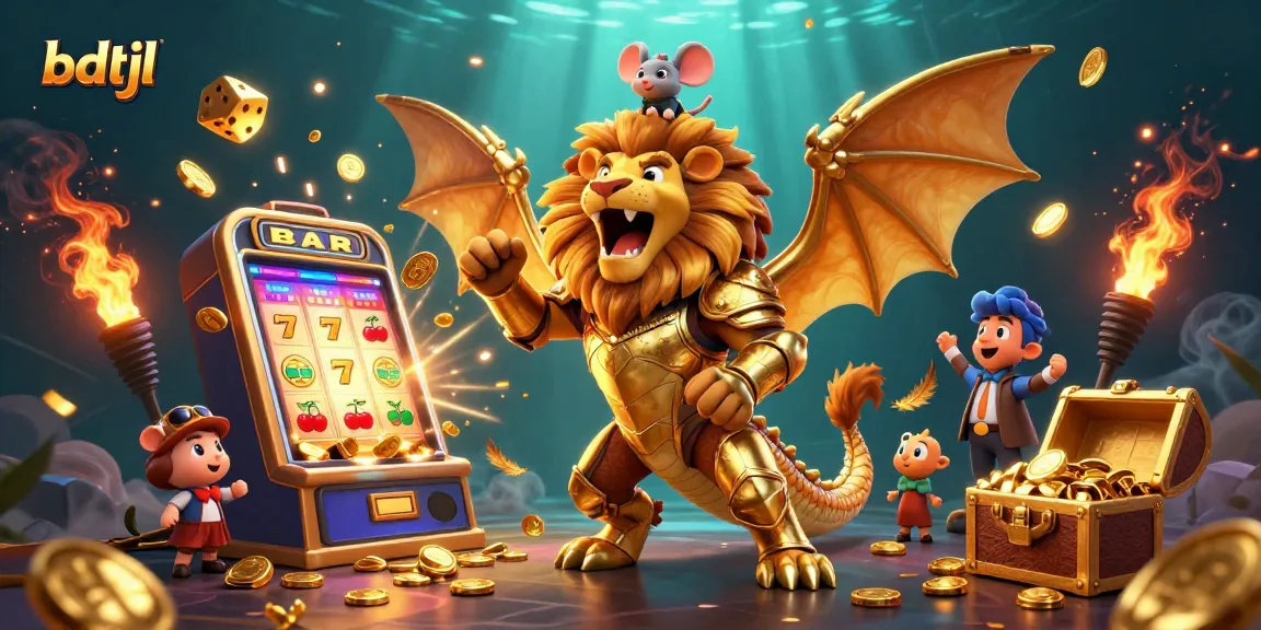 Engage with bdtjl's thrilling jackpot scene featuring a golden chimera and dynamic casino elements.