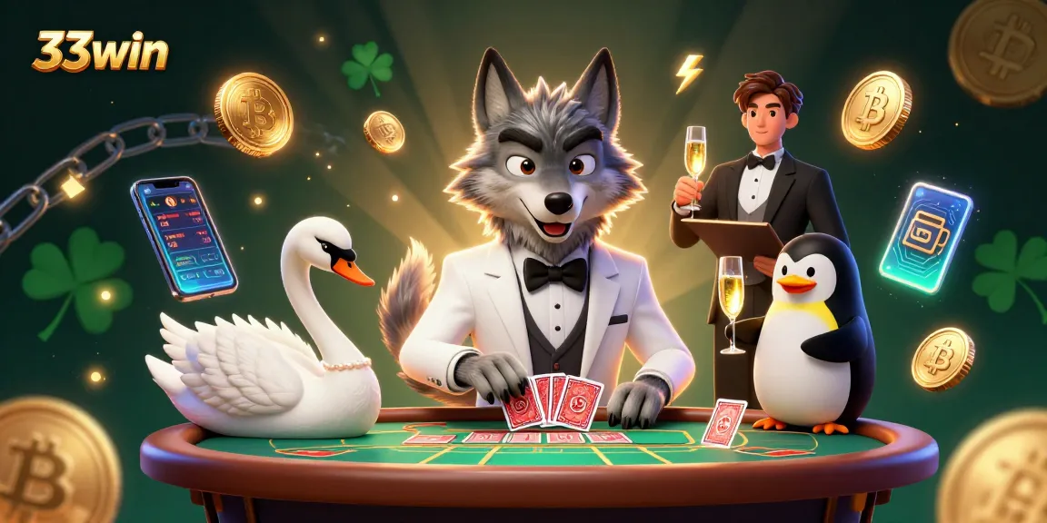 Join the excitement at 33win, showcasing 3D characters in a lively casino scene with crypto elements.