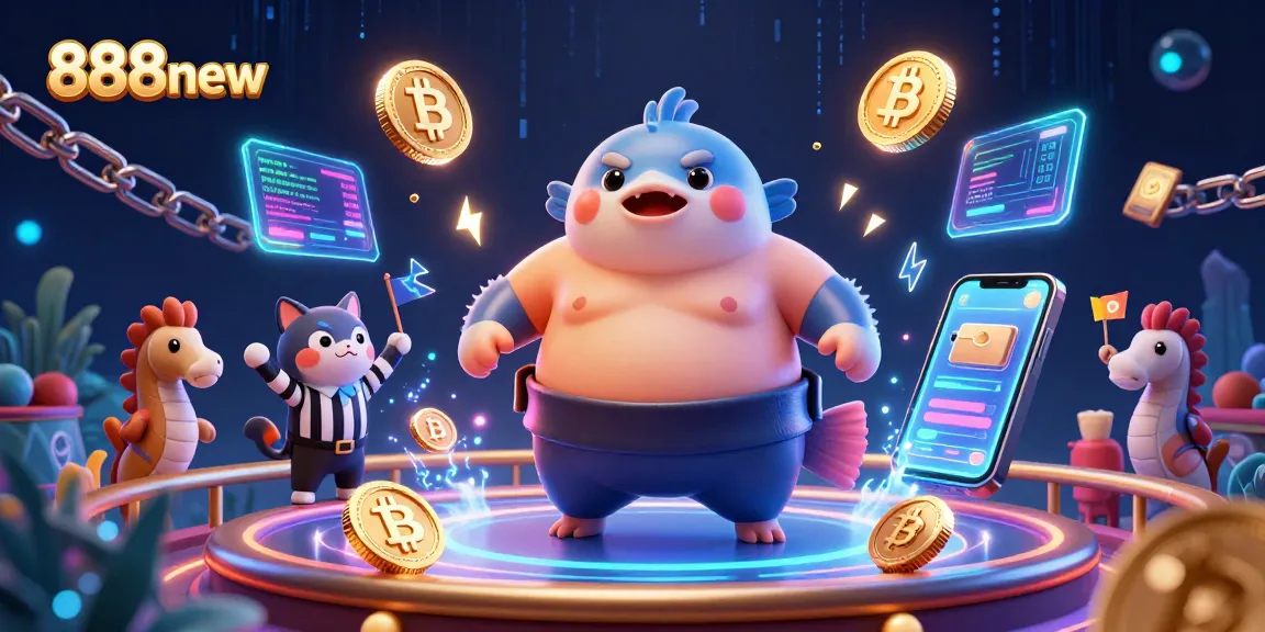 Engage in the underwater casino action at 888new with a fugu and catfish referee surrounded by crypto gaming elements.