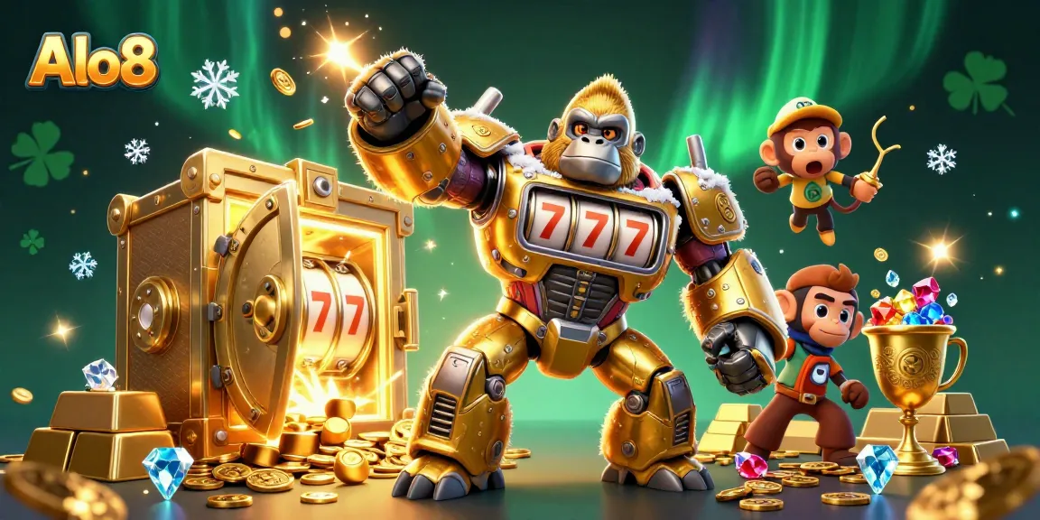 Alo8 offers a vibrant casino adventure with a golden mech and treasure elements, showcasing the excitement of online gaming.