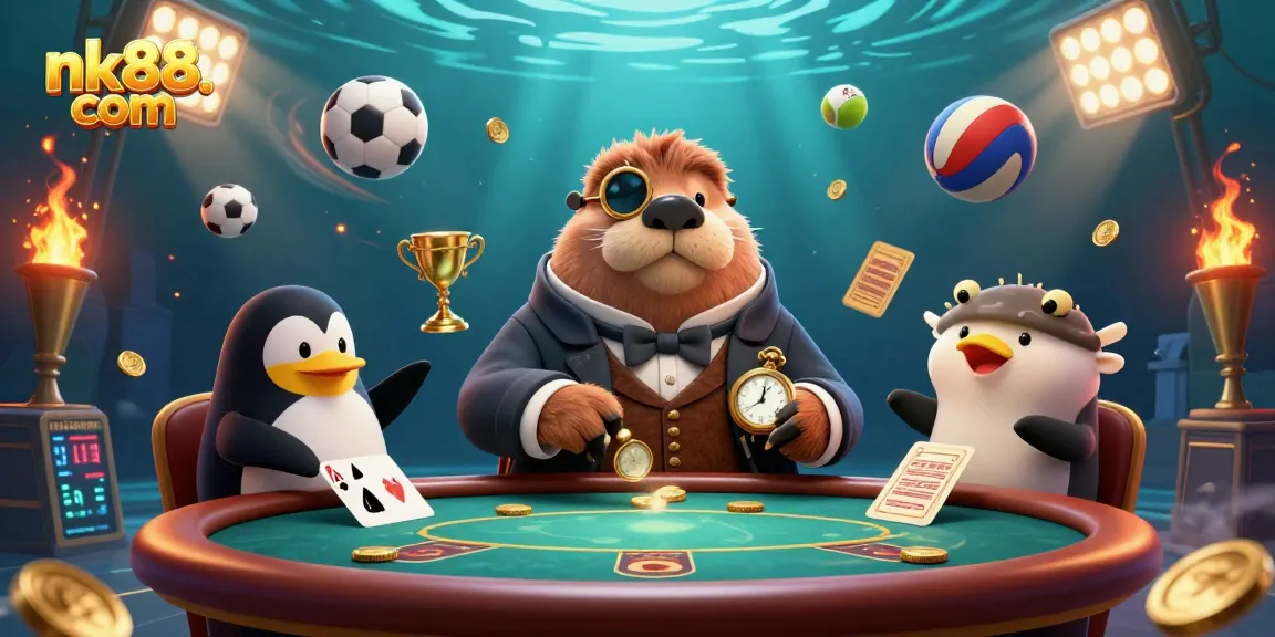 Bet on nk88. com featuring whimsical characters at an underwater poker table illustrating fun gambling.