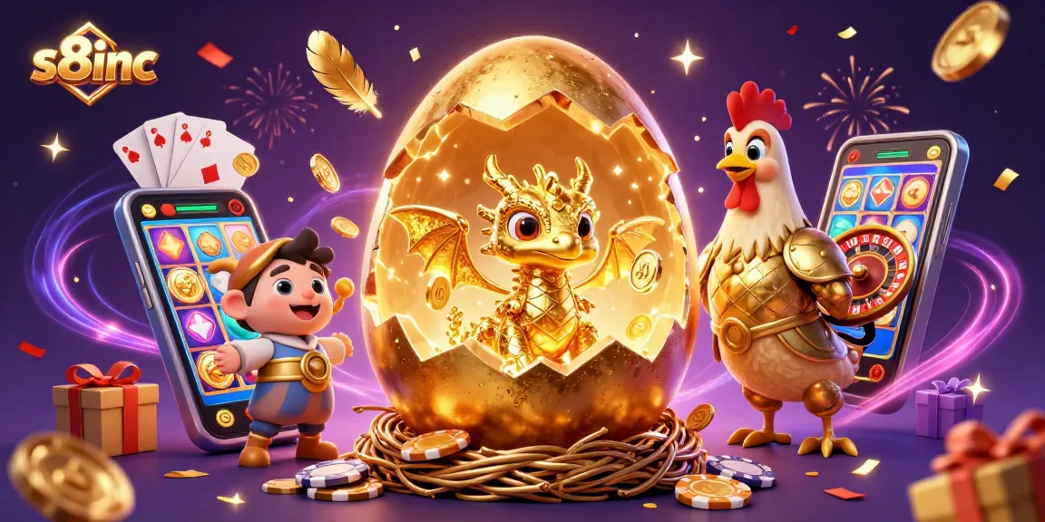 S8inc reveals a shiny golden dragon and poker chips amidst vibrant casino games and rewards.