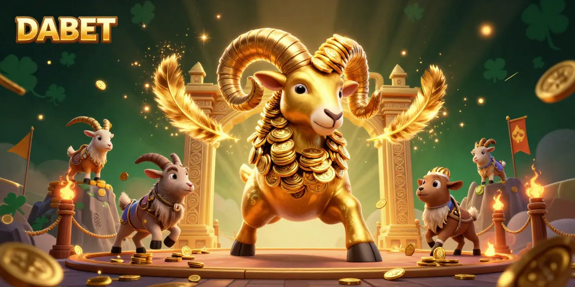 DABET showcases a golden ram charging at a gaming arena, surrounded by vibrant casino elements.