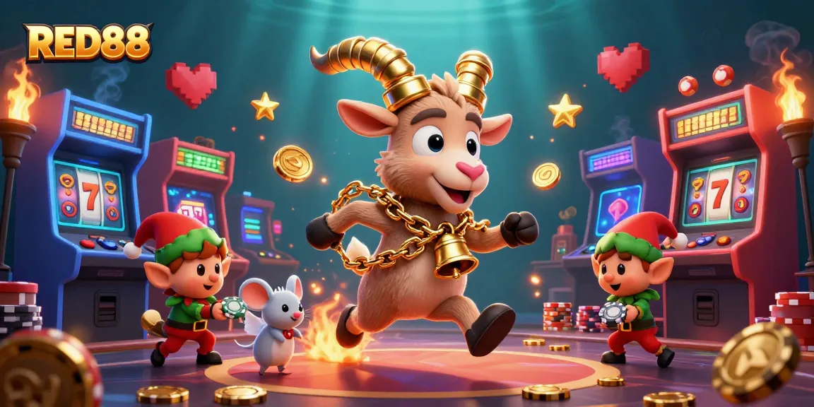 Experience the thrill of RED88’s 3D cartoon casino with festive Krampus and playful characters.