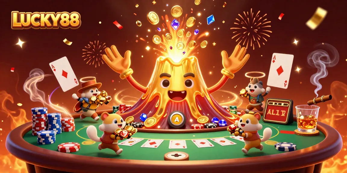 Experience excitement with LUCKY88's thrilling gambling illustration featuring a volcano of treasures!