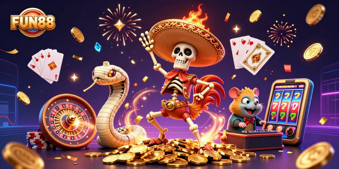 FUN88 players celebrate with animated characters in a vibrant casino scene filled with gold coins and slot machines.