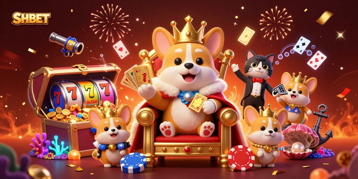 Experience the excitement of SHBET casino with a royal corgi on a throne of poker chips amidst vibrant slot reels and festive decorations.