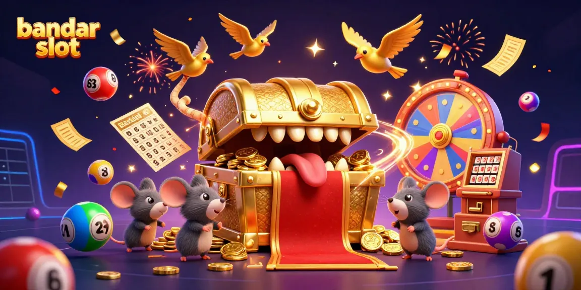 Engage with bandar slot at dynamic 3D casino illustration showcasing vibrant lottery elements and treasure luring adventurer mice.