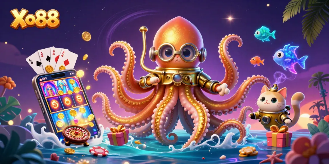 Xo88 showcases an adventurous scene with a kraken, diving cat, and glowing fish among casino elements.