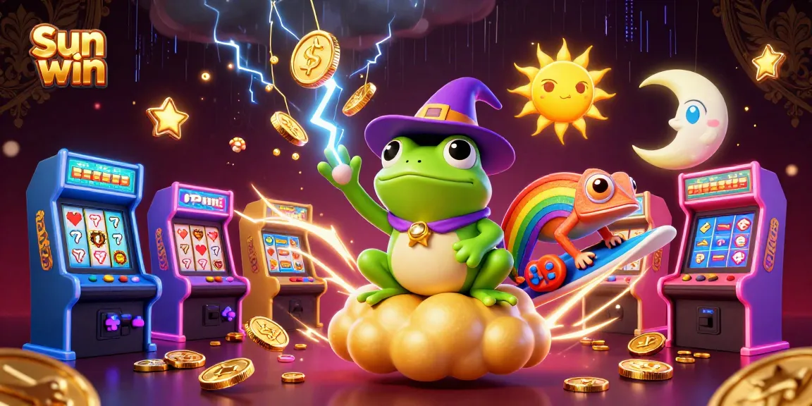 Experience the thrill of Sun win as golden coins cascade from a wizard frog in an immersive casino scene.