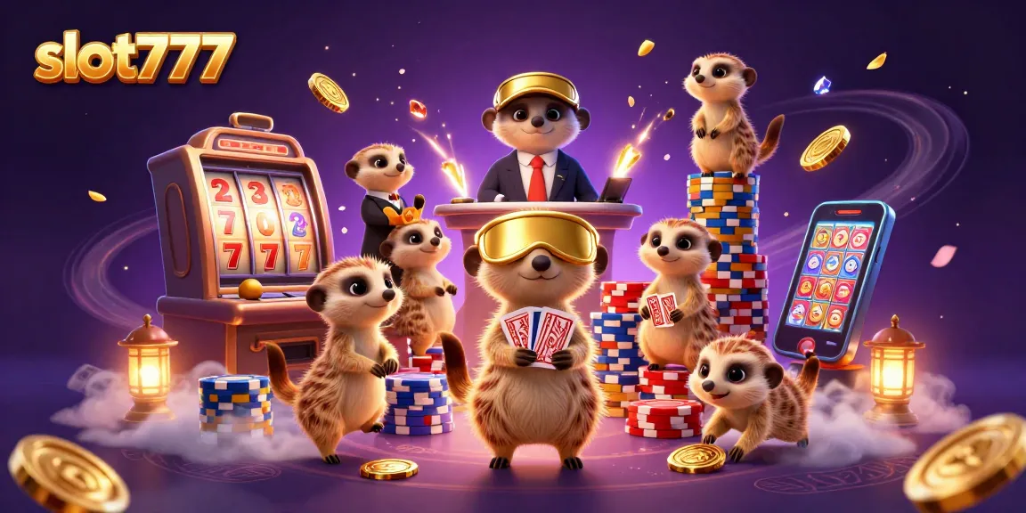 Experience thrilling gameplay with slot777 while meerkats manage an exciting casino scene with vibrant elements.