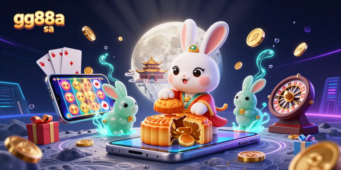 Spin and win with gg88a sa as the moon rabbit reveals poker chips among vibrant casino elements.