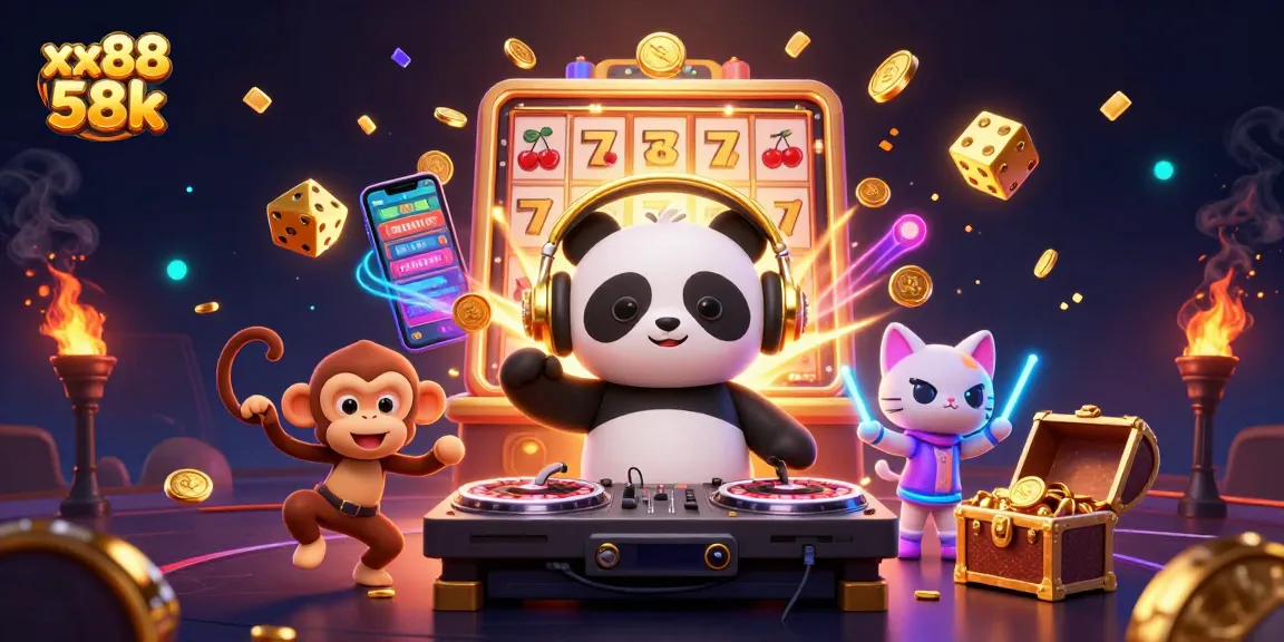 Experience thrilling wins at xx88 58k with a colorful casino scene featuring a DJ panda, breakdancing monkey, and glowing kitten.