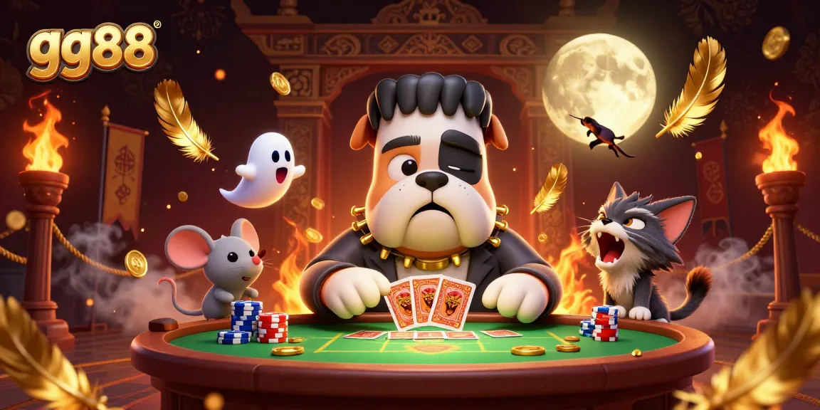 Join the thrill of gg88 casino with animated characters dealing cards in a haunted gaming scene.