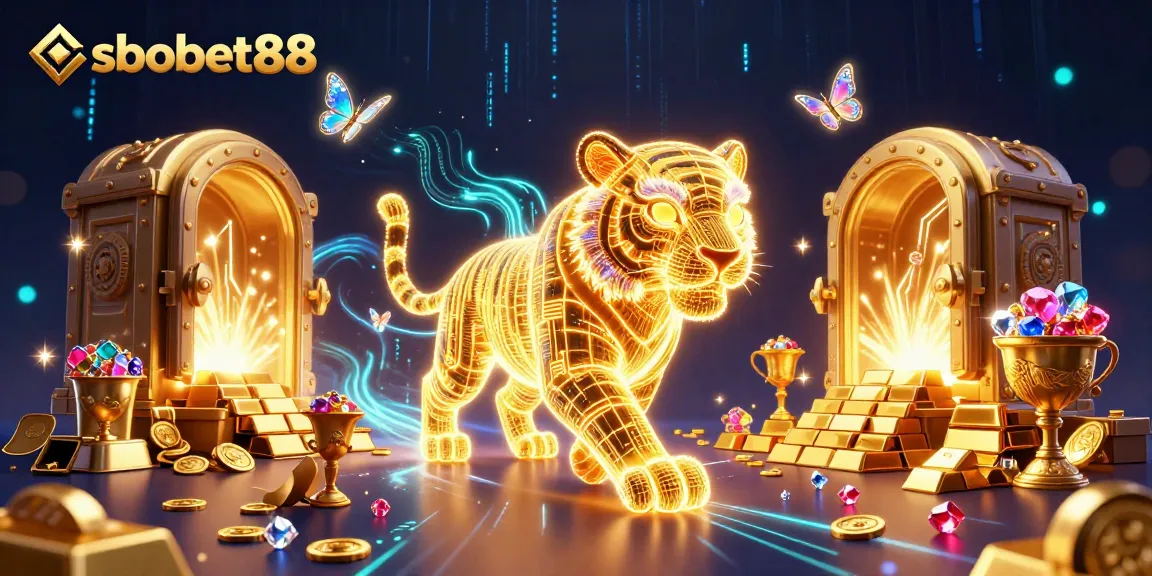 Experience sbobet88 with vibrant casino energy featuring a golden tiger and treasure elements.