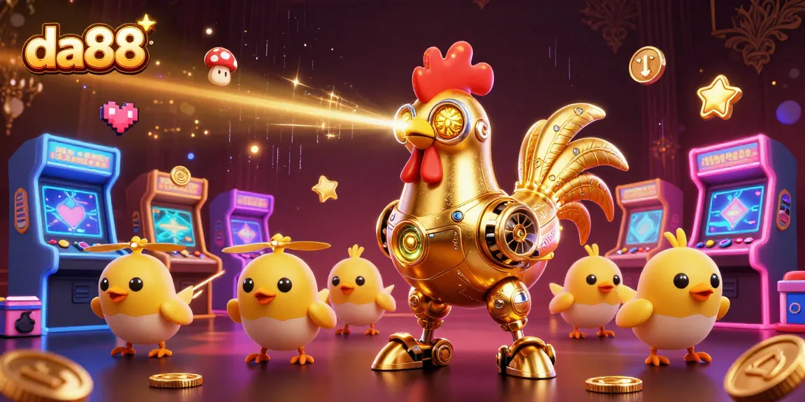 da88 showcases a golden rooster robot and baby chick drones in a vibrant casino-themed illustration