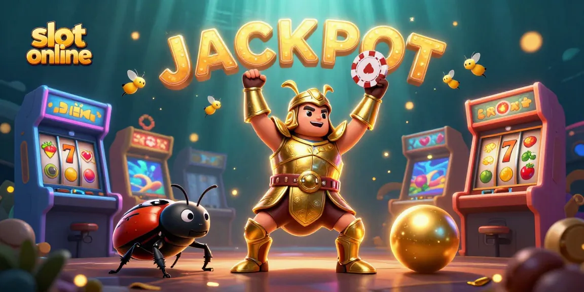 Experience thrilling wins with slot online as a heroic beetle celebrates a jackpot amidst vibrant gaming elements.