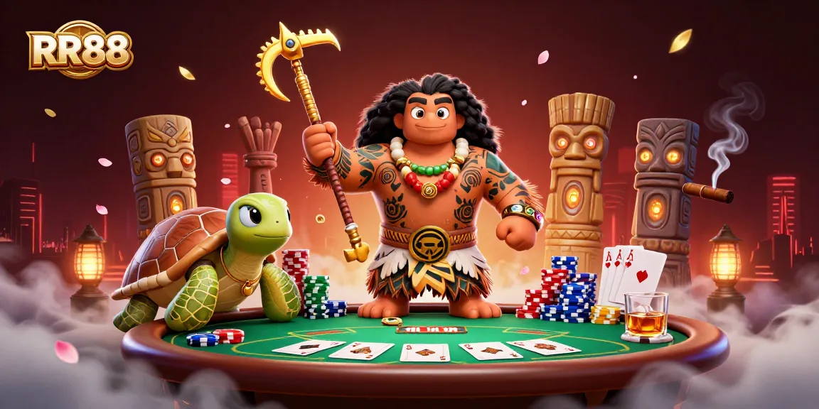 Experience the thrilling action at RR88 with a vibrant casino scene featuring poker elements and tropical characters.