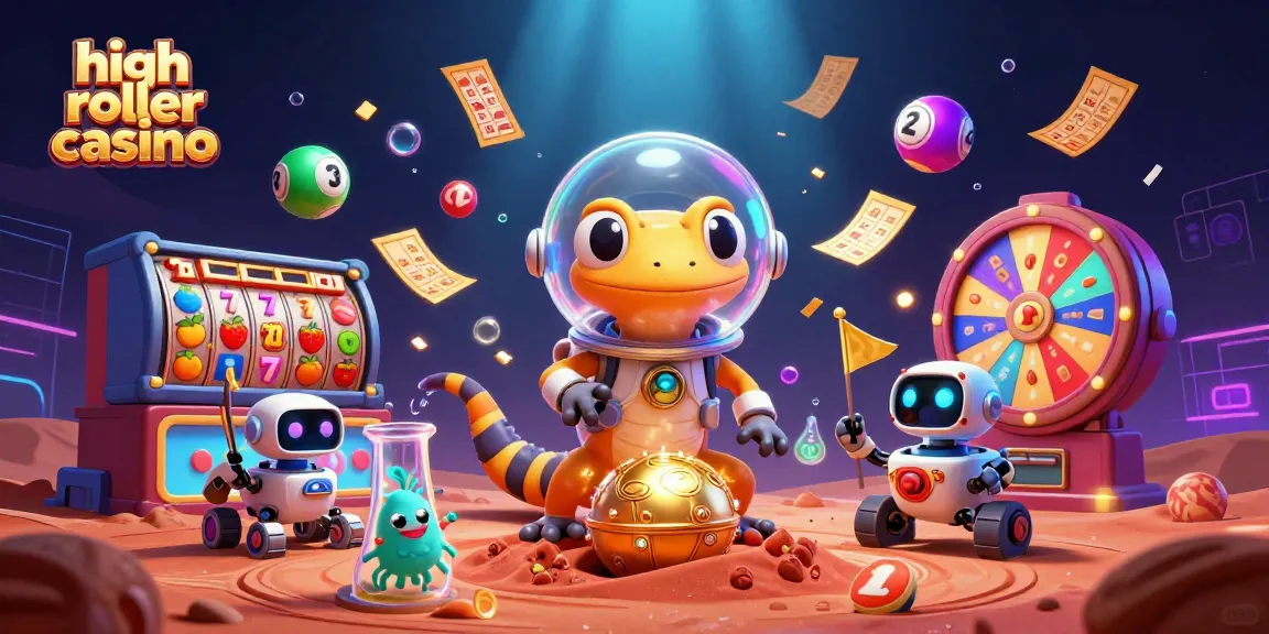 Engage with the high roller casino vibe as a Martian gecko uncovers treasures amidst vibrant gambling elements.