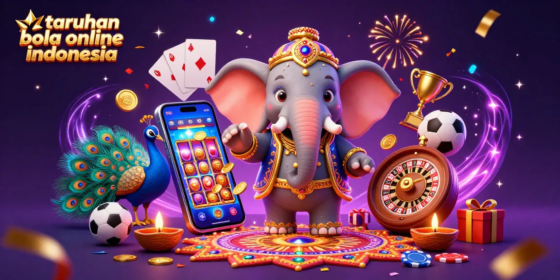 Engage in taruhan bola online indonesia with a vibrant scene of festive characters and casino elements.